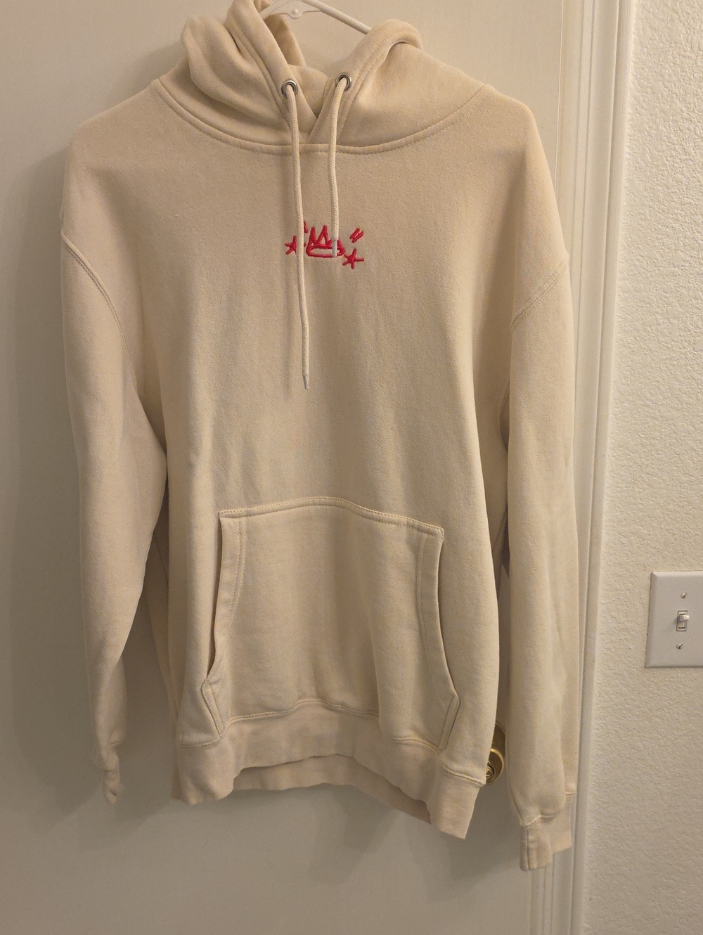 Cream Pullover Hoodie with Red Embroidery
